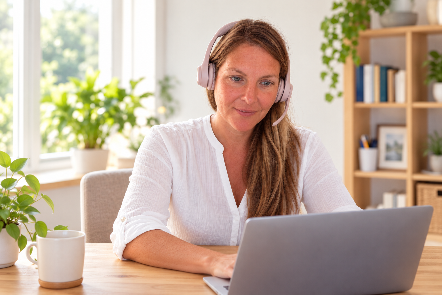 Judit, a STEP-LS angoltanára, fejhallgatóval egy online órán.